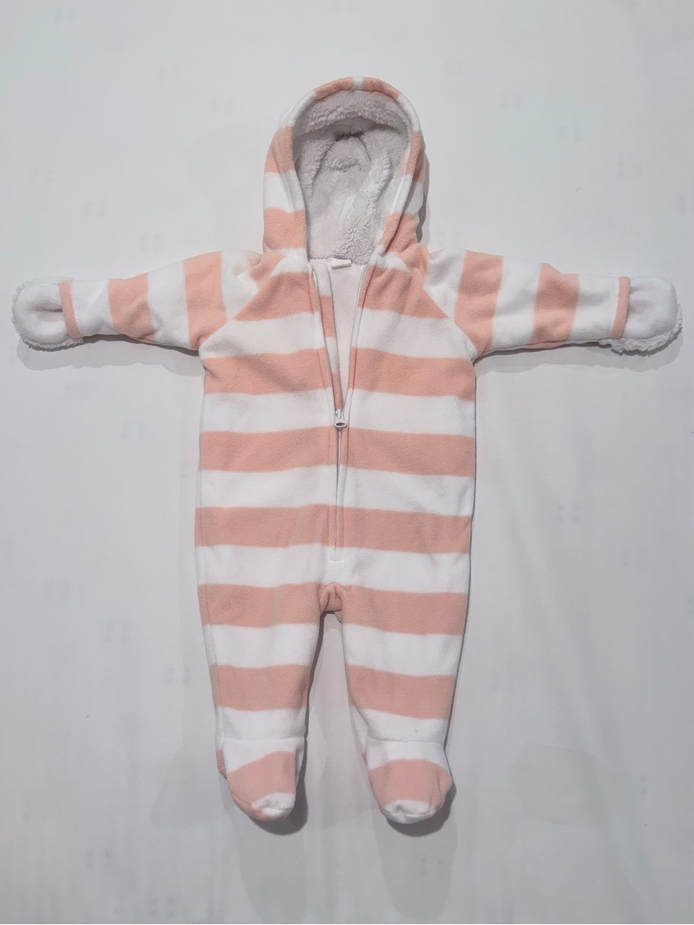 Baby Fleece Hooded Winter One-Piece - Pink & White Striped